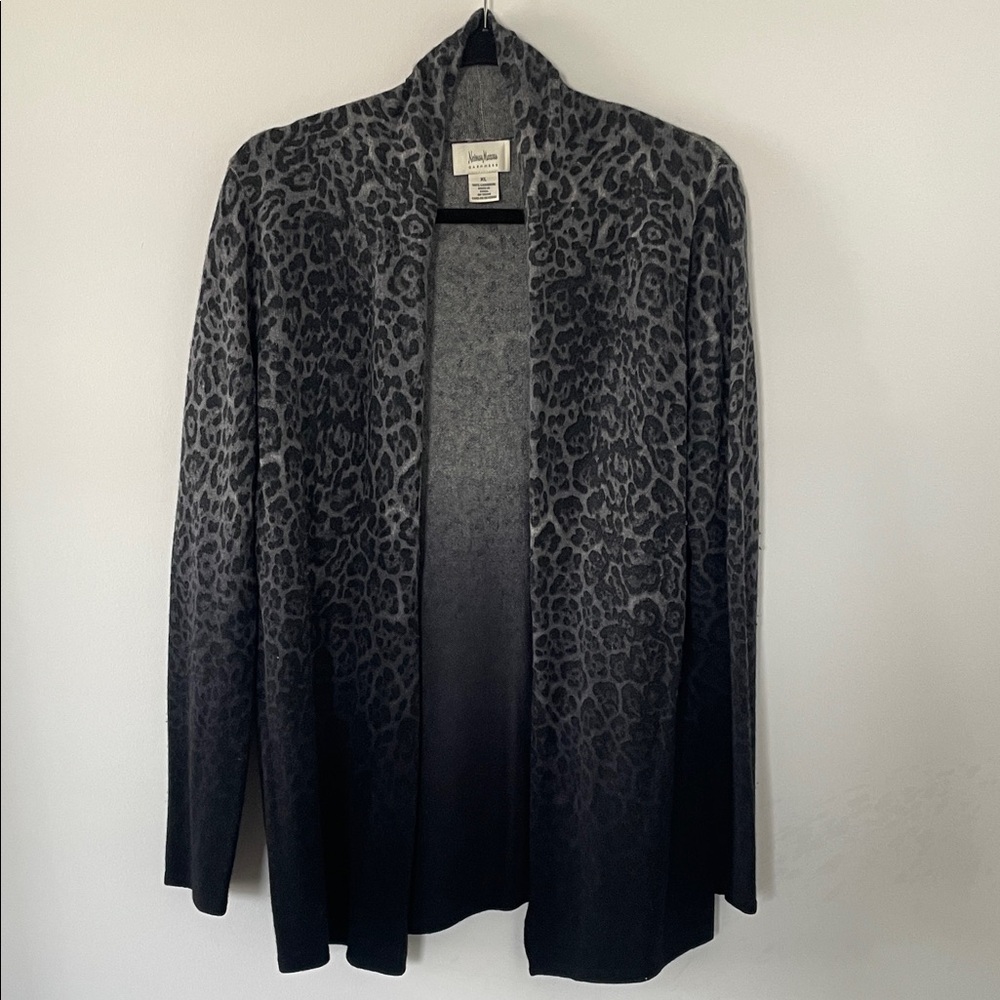Neiman Marcus | 100% Cashmere Open Front Cardigan | Gray Black Leopard gradient